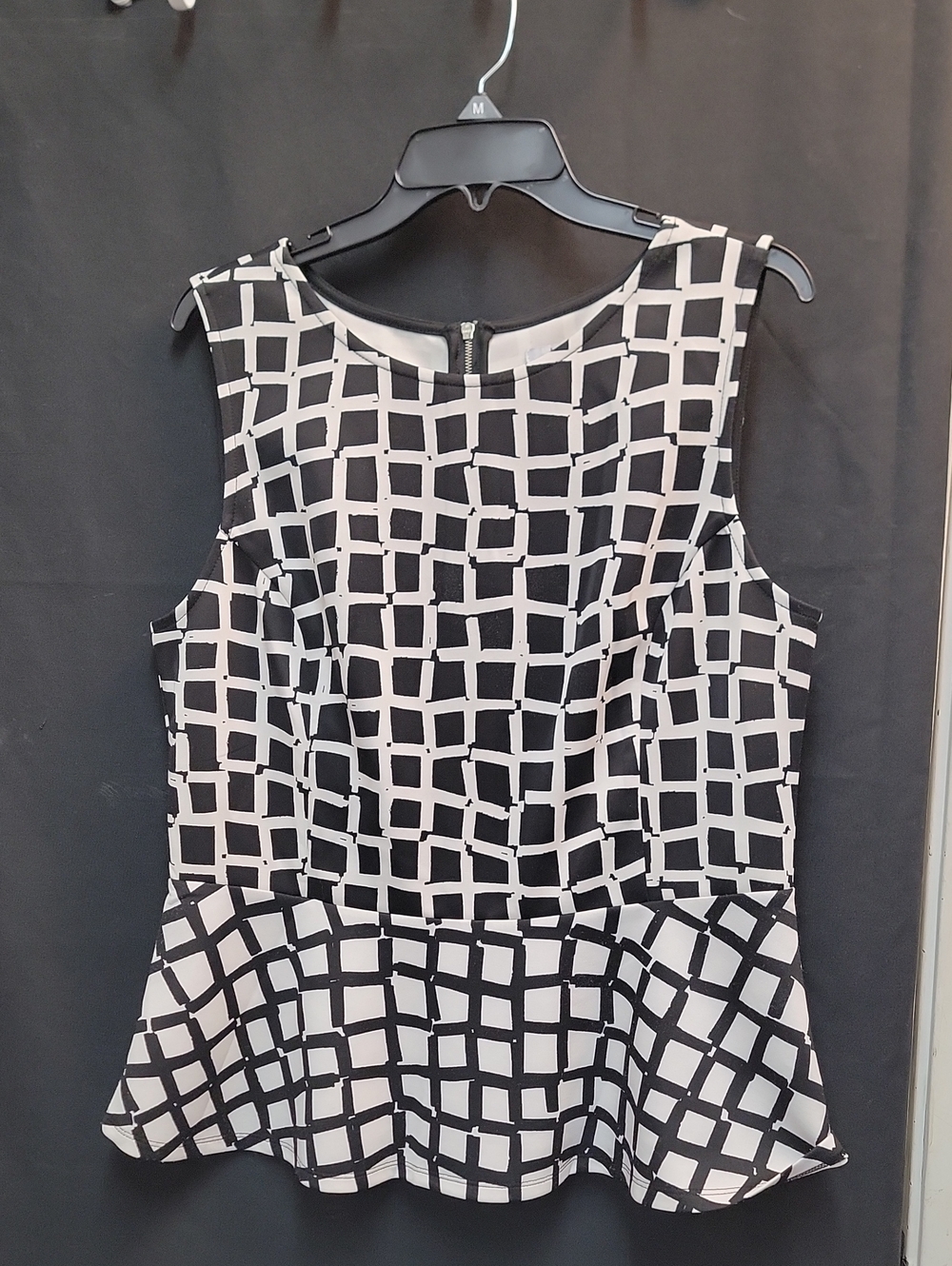 Bar III Black and White Grid Peplum Top